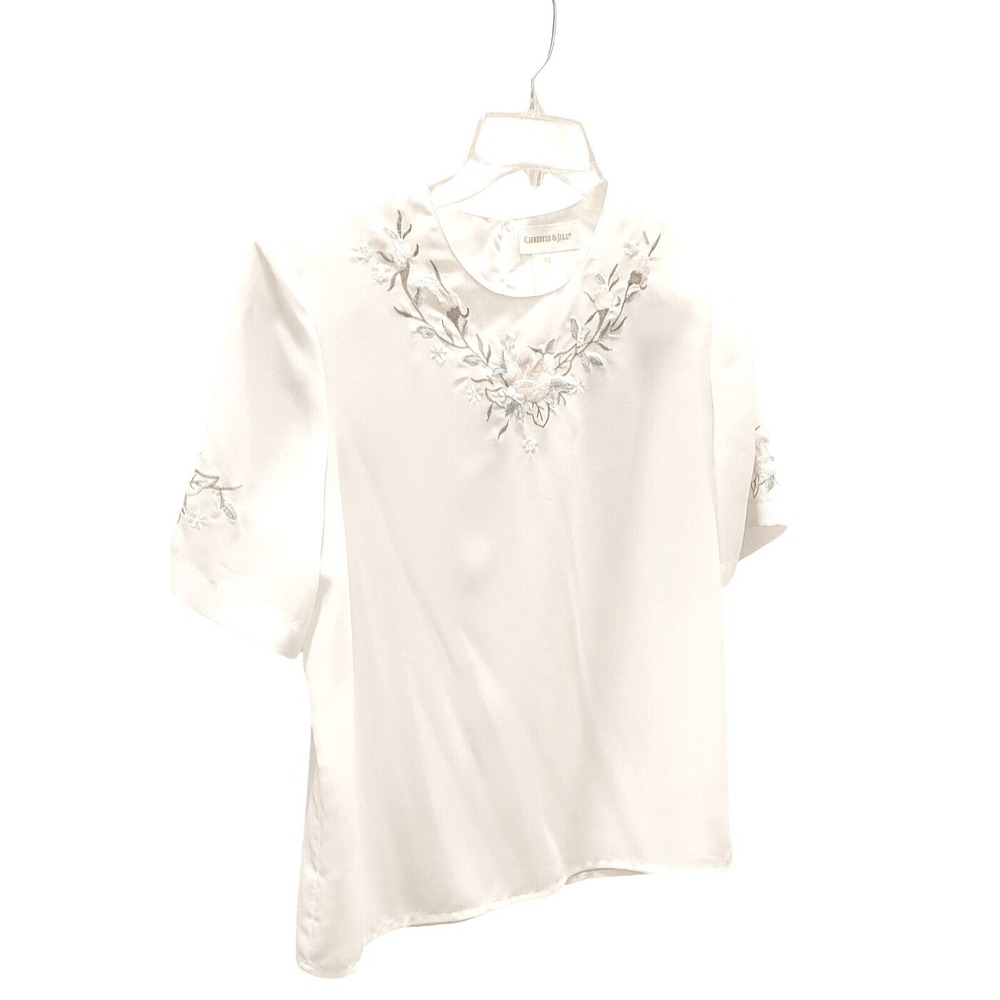 Vintage dainty Christie & Jill Women's 12 Cream Short Sleeve Floral Embroidery
